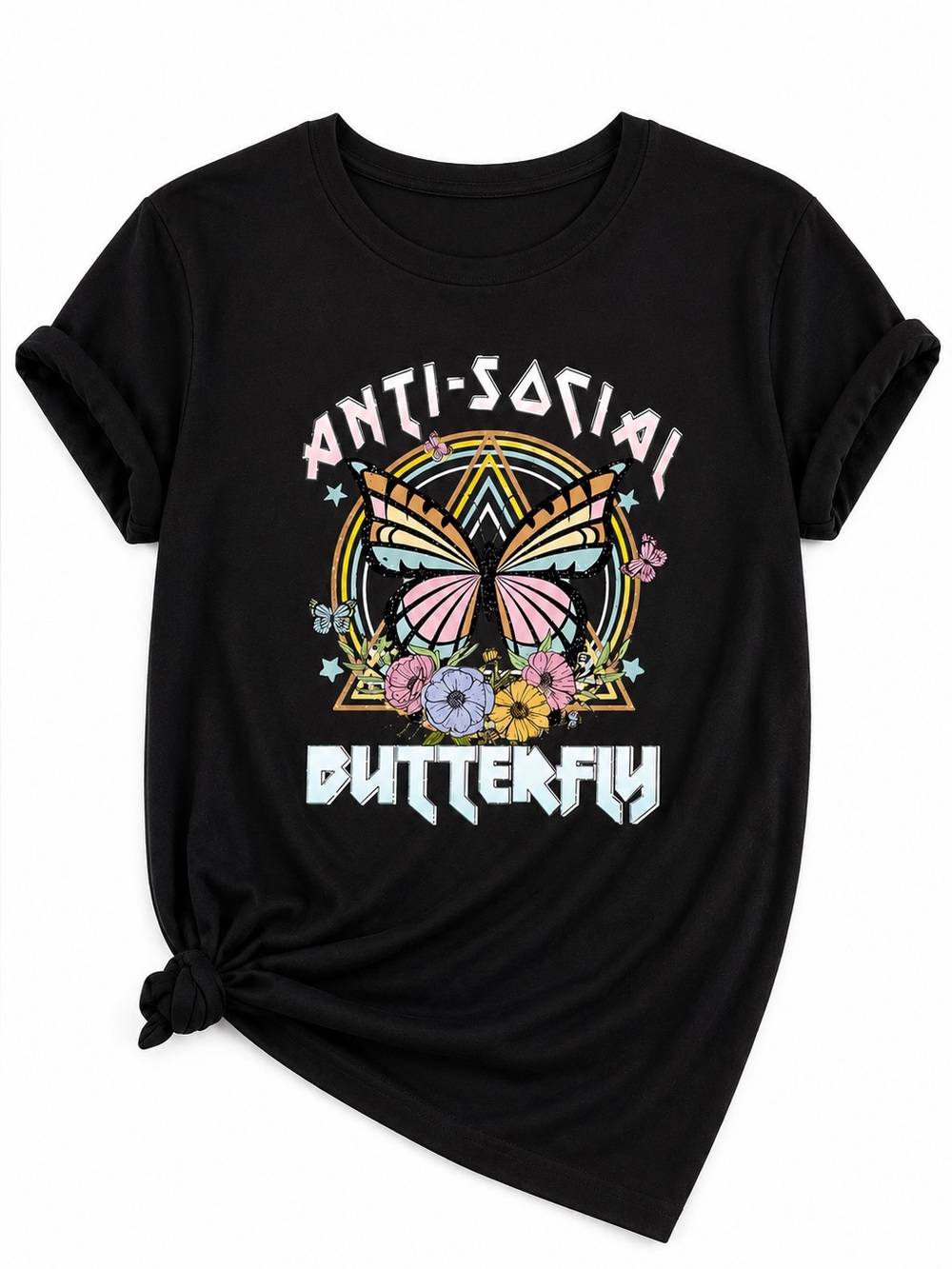 Plus Size 2X Anti Social Butterfly Graphic Tee Black Short Sleeve Casual Top